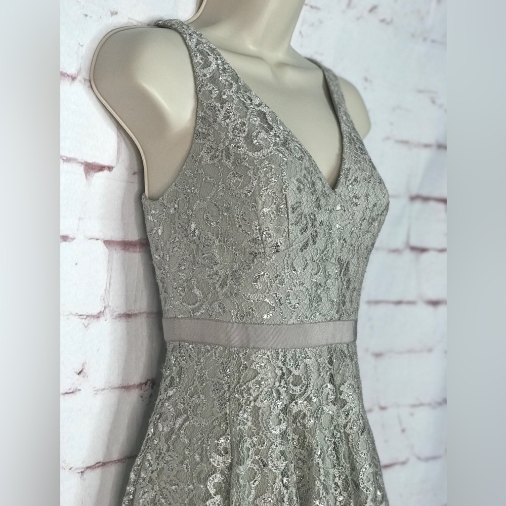 ADRIANNA PAPELL Silver Lace Overlay Fit & Flare Minidress Size 4 PETITE - Picture 5 of 16